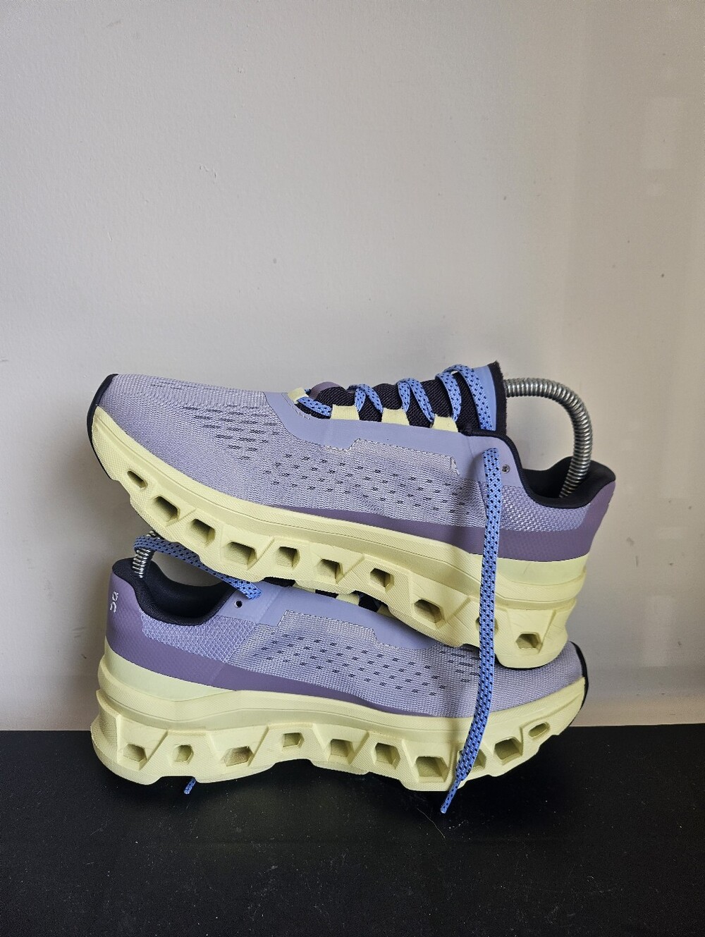 On Running Lavender and Pale Yellow Women's Sneakers with Blue Laces